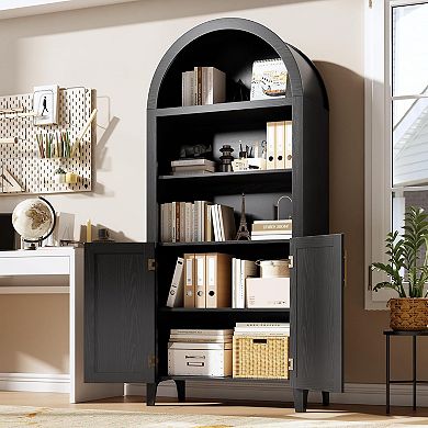 Arched Kitchen Pantry Cabinet-Open Display Shelf with Rattan Decor,Dining Room, Living Room
