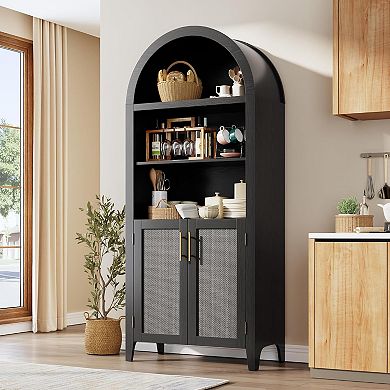 Arched Kitchen Pantry Cabinet-Open Display Shelf with Rattan Decor,Dining Room, Living Room