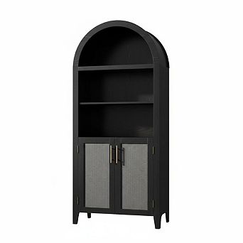 Arched Kitchen Pantry Cabinet-Open Display Shelf with Rattan Decor,Dining Room, Living Room