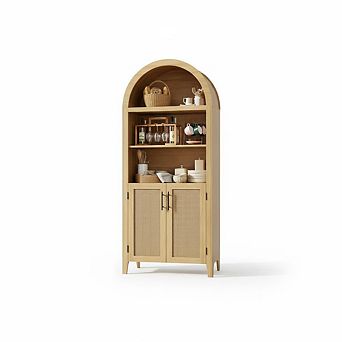 Arched Kitchen Pantry Cabinet-Open Display Shelf with Rattan Decor,Dining Room, Living Room