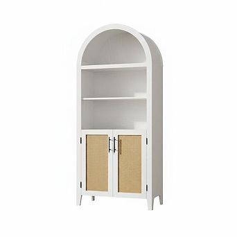 Arched Kitchen Pantry Cabinet-Open Display Shelf with Rattan Decor,Dining Room, Living Room