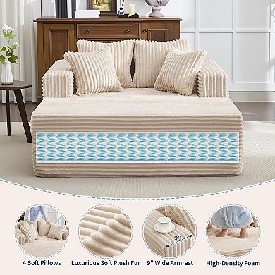 Oversized Sofa Bed， No Assembly, Wide Boneless Corduroy Loveseat with 4 Pillows, Armrests