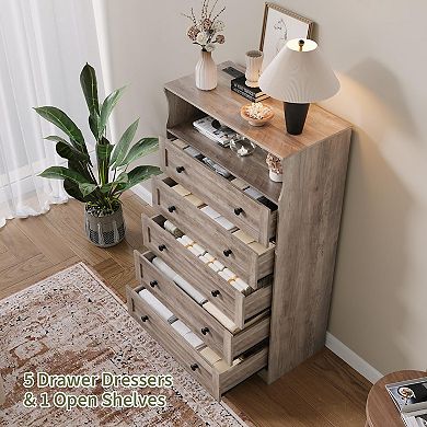ANIXOL Farmhouse 5-Drawer Dresser with Charging