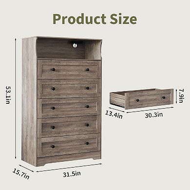ANIXOL Farmhouse 5-Drawer Dresser with Charging