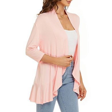 Women 3/4 Sleeves Open Front Lightweight Draped Ruffles Knit Cardigan