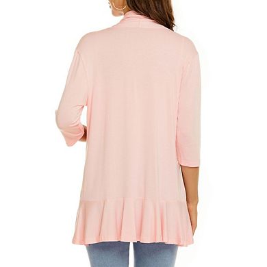 Women 3/4 Sleeves Open Front Lightweight Draped Ruffles Knit Cardigan