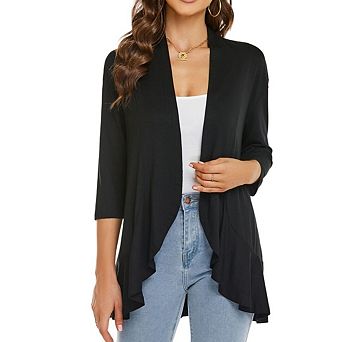 Women 3/4 Sleeves Open Front Lightweight Draped Ruffles Knit Cardigan