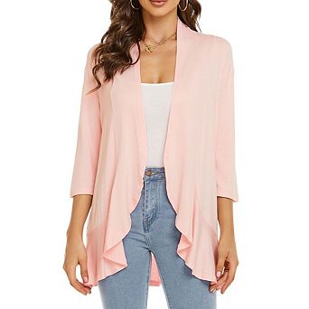 Women 3/4 Sleeves Open Front Lightweight Draped Ruffles Knit Cardigan