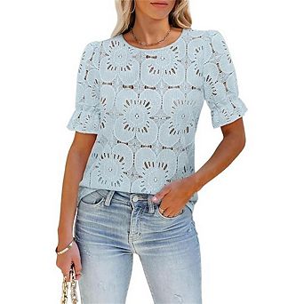 Blouses for Women Dressy Casual Flower Lace Crochet Short Sleeve Shirts Spring Tops Summer Outfits