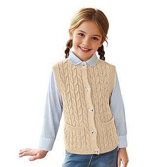 Girls Sweaters Vest Lightweight Sleeveless Cable Knit Sweater Cardigans