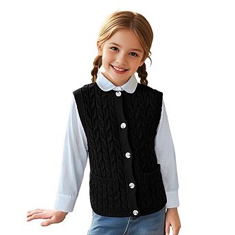 Girls Sweaters Vest Lightweight Sleeveless Cable Knit Sweater Cardigans