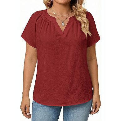 Women's Plus Size Top V Neck Short Sleeve Shirt Casual Summer Tee (Pick One Size Up)
