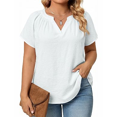 Women's Plus Size Top V Neck Short Sleeve Shirt Casual Summer Tee (Pick One Size Up)