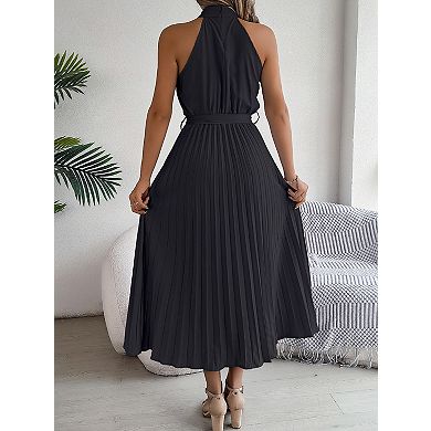Women's Halter Neck Sleeveless Pleated Summer Long Dress