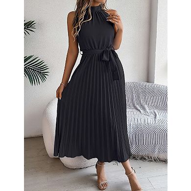 Women's Halter Neck Sleeveless Pleated Summer Long Dress