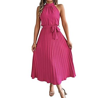 Women's Halter Neck Sleeveless Pleated Summer Long Dress