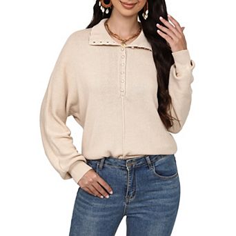 Women’s Batwing Long Sleeve Knit Sweaters, Button Up V Neck Casual Pullover