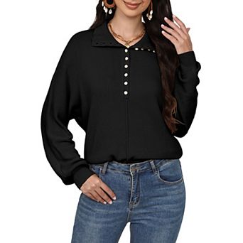 Women’s Batwing Long Sleeve Knit Sweaters, Button Up V Neck Casual Pullover