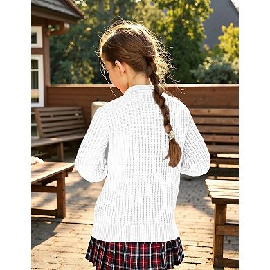 Girls Cable Knit Cardigan Sweater V-Neck Long Sleeve Button Front with Pockets