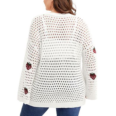 Women's Plus Size Cardigan Strawberry Floral Print Sweater Open Front Knit Top Spring Outerwear