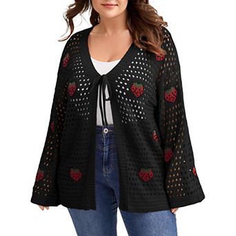 Women's Plus Size Cardigan Strawberry Floral Print Sweater Open Front Knit Top Spring Outerwear