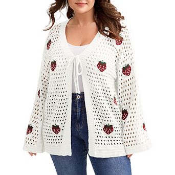 Women's Plus Size Cardigan Strawberry Floral Print Sweater Open Front Knit Top Spring Outerwear