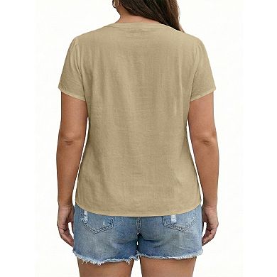 Women's Plus Size Cotton Shirt V-Neck Top Flutter Sleeve Tee Pleated T-shirt (Pick One Size Up)
