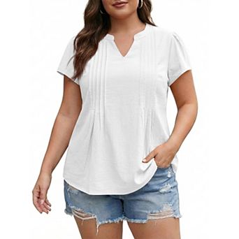 Women's Plus Size Cotton Shirt Summer V-Neck Top Flutter Sleeve Tee Pleated Trendy Casual T-shirt