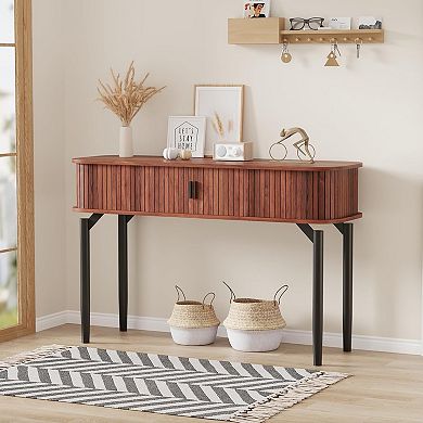 Walnut 47" Narrow Console Table: 2 Drawers & Open Storage for Living Room