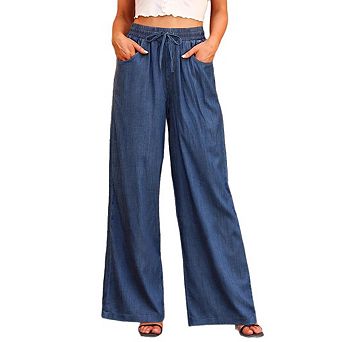 Women's Drawstring Wide Leg Jeans High Waisted Loose Fit Pants