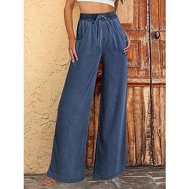 Women's Drawstring Wide Leg Jeans High Waisted Loose Fit Pants