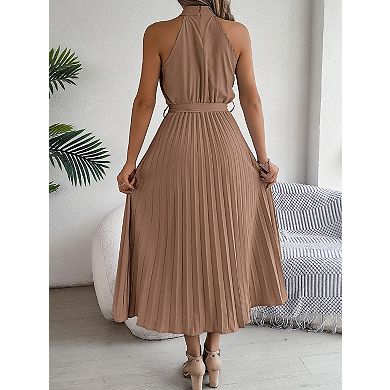 Women's Halter Neck Sleeveless Pleated Summer Long Dress
