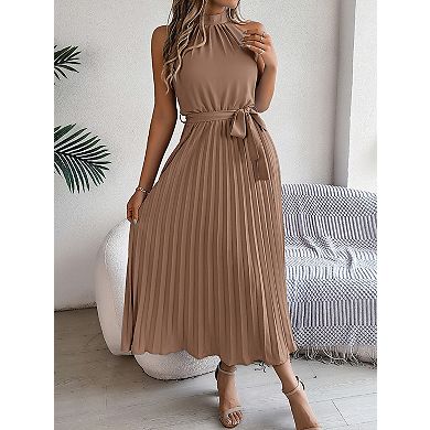 Women's Halter Neck Sleeveless Pleated Summer Long Dress