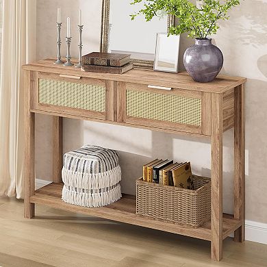 Burlywood Farmhouse Console Table: 2 Drawers, Wood Top, Metal Frame, 43"x12"x30"