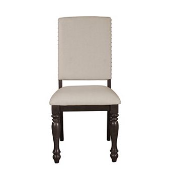 Fabric Upholstery Side Chairs 2 pc Set Grayish Brown Finish Wood Frame Nailhead Trim Turned Legs