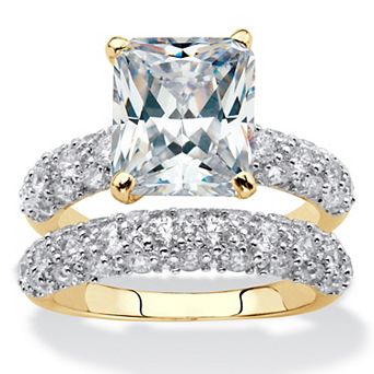 PalmBeach Jewelry 6.50 ct w. Emerald-Cut Gold-Plated Cubic Zirconia 2 pc Wedding Ring Set