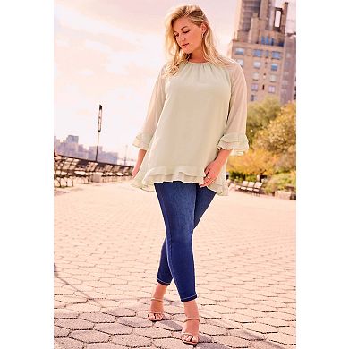 Avenue Women's Plus Size Ruffle Sleeve And Hem Blouse