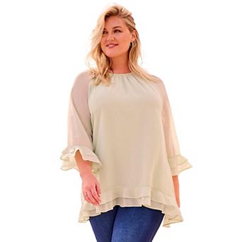 Avenue Women's Plus Size Ruffle Sleeve And Hem Blouse