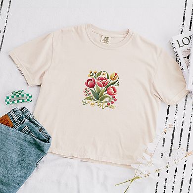 Bloom Tulips - Women's Boxy Crop Top Graphic T-Shirt
