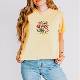 Bloom Tulips - Women's Boxy Crop Top Graphic T-Shirt