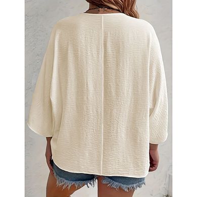 Women Plus Size 3/4 Sleeve Casual Deep V Neck Button Down Shirts Texture Shirts Loose Summer Tops
