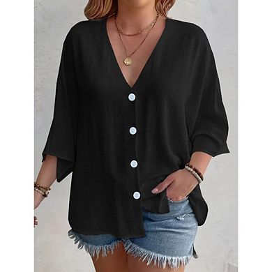 Women Plus Size 3/4 Sleeve Casual Deep V Neck Button Down Shirts Texture Shirts Loose Summer Tops