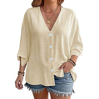 Women Plus Size 3/4 Sleeve Casual Deep V Neck Button Down Shirts Texture Shirts Loose Summer Tops