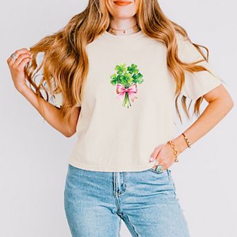 Clover Watercolor Bouquet - Women's Boxy Crop Top Graphic T-Shirt