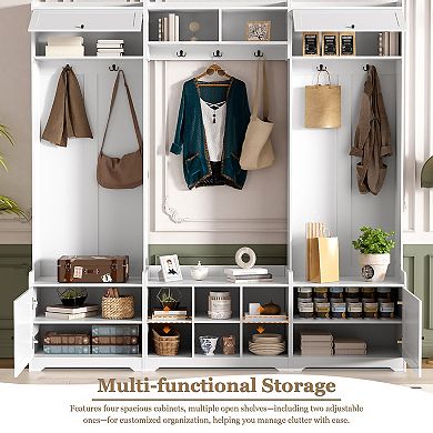 Merax Modern Hall Tree with Shoe Storage, 4-in-1 Entryway Bench with 8 Cubbies, 7 Coat Hooks