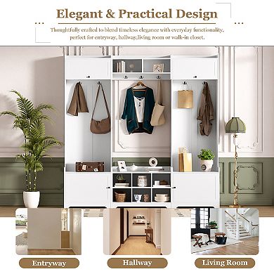 Merax Modern Hall Tree with Shoe Storage, 4-in-1 Entryway Bench with 8 Cubbies, 7 Coat Hooks