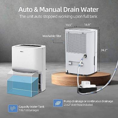 150 pt. 7,000 sq.ft. Portable Dehumidifier in White with WiFi Control, Built-in Pump, Dual-Filter