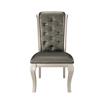 Crystal Button-Tufted Side Chairs 2 pc Set Silver Finish Wood Frame Gray Faux Leather Upholstered