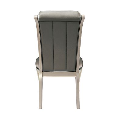 Crystal Button-Tufted Side Chairs 2pc Set Silver Finish Wood Frame Gray Faux Leather Upholstered