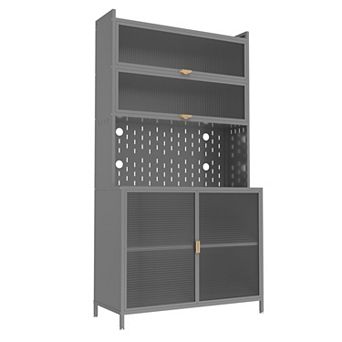 73 in Tall Kitchen Pantry Cabinet with Flip Doors and Pegboard, Anti-Tip Steel Storage Hutch, Black